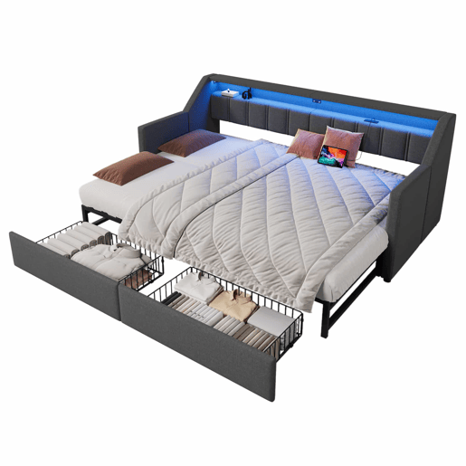 Sofá-cama, 90x200 cm - Com USB e Type-C, LED com comando remoto, 2 gavetas, bolsas de armazenamento - Cinza
