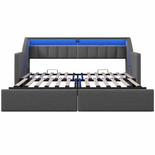 Sofá-cama, 90x200 cm - Com USB e Type-C, LED com comando remoto, 2 gavetas, bolsas de armazenamento - Cinza