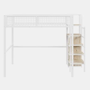Cama alta 140*200 - com escada, cama infantil com estrutura metálica e prateleira de arrumação - Branco