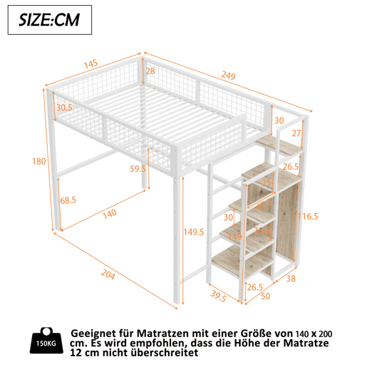 Cama alta 140*200 - com escada, cama infantil com estrutura metálica e prateleira de arrumação - Branco