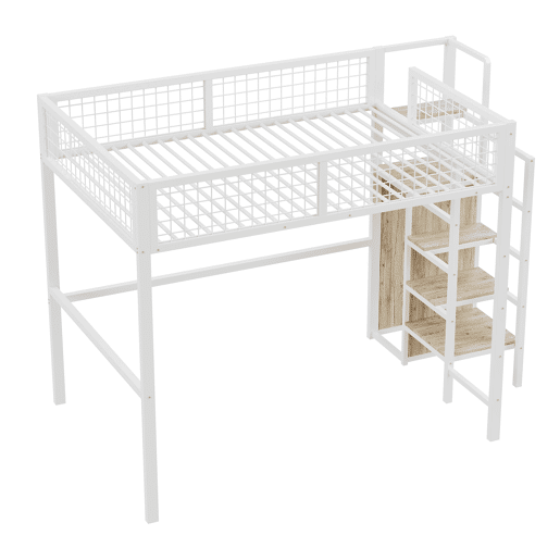 Cama alta 140*200 - com escada, cama infantil com estrutura metálica e prateleira de arrumação - Branco