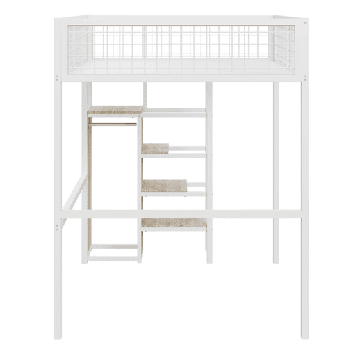 Cama alta 140*200 - com escada, cama infantil com estrutura metálica e prateleira de arrumação - Branco