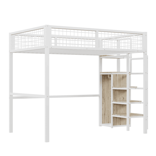 Cama alta 140*200 - com escada, cama infantil com estrutura metálica e prateleira de arrumação - Branco