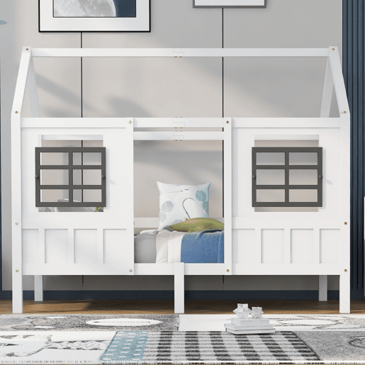 Cama casa, 200x90 cm - Cama infantil com 2 janelas, estrutura em pinho e MDF - Branco
