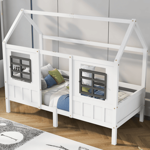 Cama casa, 200x90 cm - Cama infantil com 2 janelas, estrutura em pinho e MDF - Branco