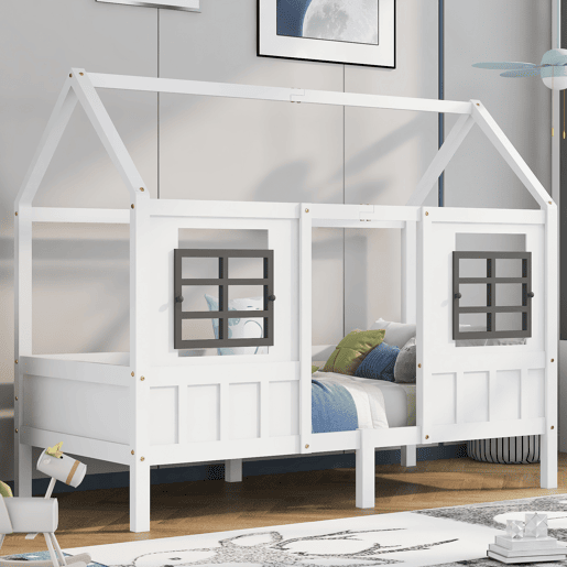 Cama casa, 200x90 cm - Cama infantil com 2 janelas, estrutura em pinho e MDF - Branco
