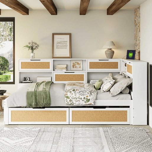 Sofá-cama 140*200 cm - Com gaveta, multifuncional, cama individual para crianças com compartimentos e porta de carregamento - Branco