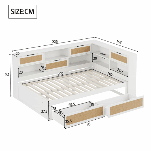Sofá-cama 140*200 cm - Com gaveta, multifuncional, cama individual para crianças com compartimentos e porta de carregamento - Branco