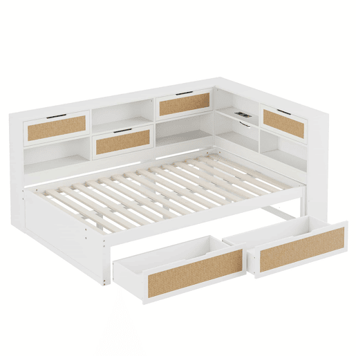 Sofá-cama 140*200 cm - Com gaveta, multifuncional, cama individual para crianças com compartimentos e porta de carregamento - Branco