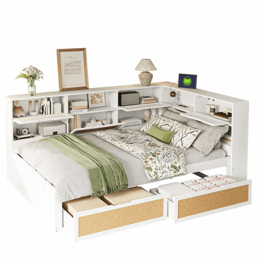 Sofá-cama 140*200 cm - Com gaveta, multifuncional, cama individual para crianças com compartimentos e porta de carregamento - Branco