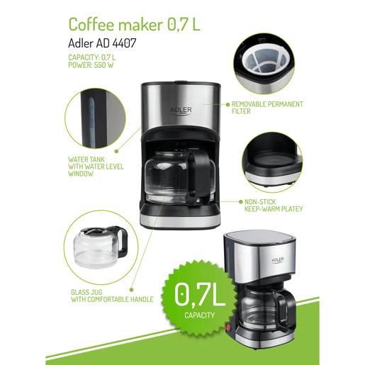 Adler AD4407 Máquina de Café Filtro, 6 Chávenas, Função Keep Warm, 0,7 Litros, 550, Prata negra