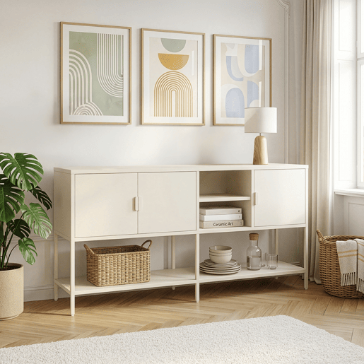 Aparador Kliri com 3 portas aço 160x40x80 cm branco creme en.casa