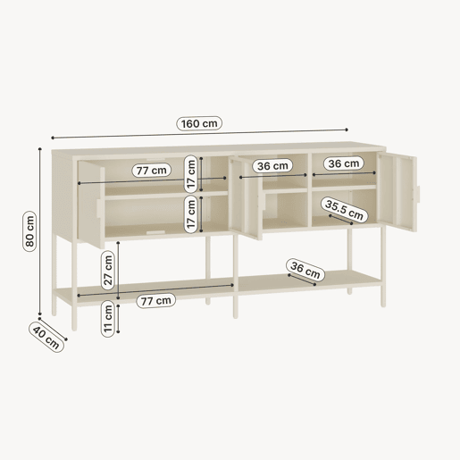 Aparador Kliri com 3 portas aço 160x40x80 cm branco creme en.casa