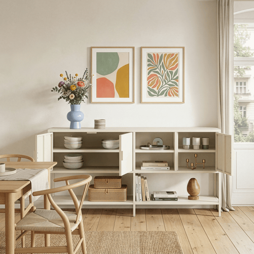 Aparador Kliri com 3 portas aço 160x40x80 cm branco creme en.casa