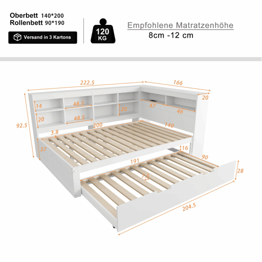 Sofá-cama 140x200 - cama extensível 90x190 com porta USB e vários compartimentos de arrumação - branco