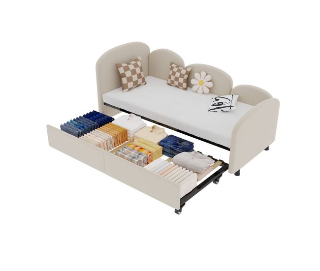 Sofá cama twin size - con cajones de almacenaje, tapizado de terciopelo - beige