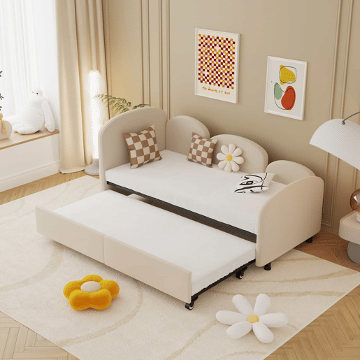 Sofá-cama tamanho twin - com gavetas de arrumação, estofado em veludo - bege