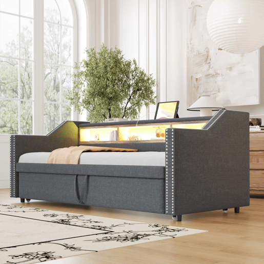Sofá-cama extraível 90180x190cm em linho - com LED e USB - com base de ripas - Cinzento