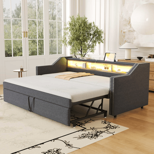 Sofá-cama extraível 90180x190cm em linho - com LED e USB - com base de ripas - Cinzento