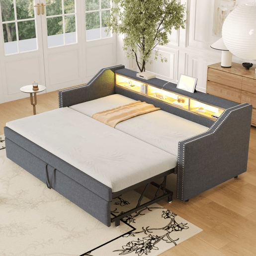 Sofá-cama extraível 90180x190cm em linho - com LED e USB - com base de ripas - Cinzento