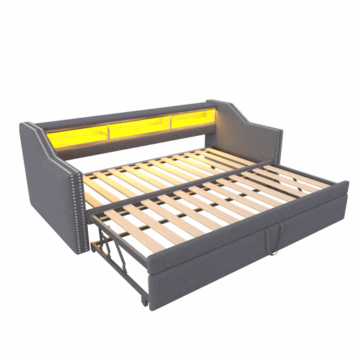 Sofá-cama extraível 90180x190cm em linho - com LED e USB - com base de ripas - Cinzento