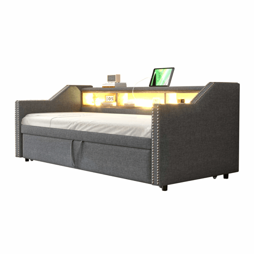 Sofá-cama extraível 90180x190cm em linho - com LED e USB - com base de ripas - Cinzento