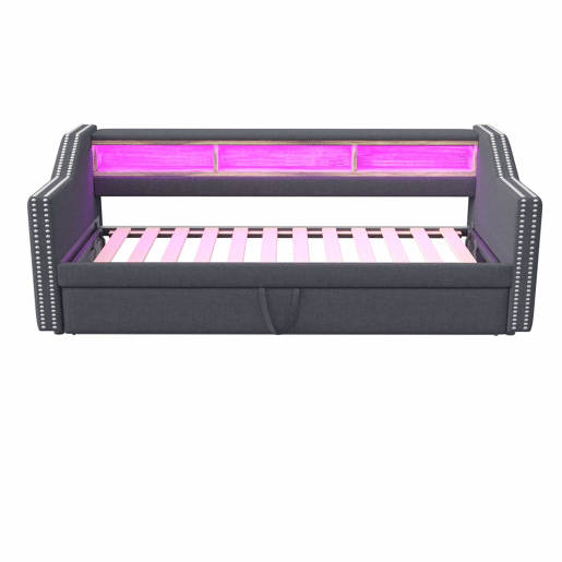 Sofá-cama extraível 90180x190cm em linho - com LED e USB - com base de ripas - Cinzento