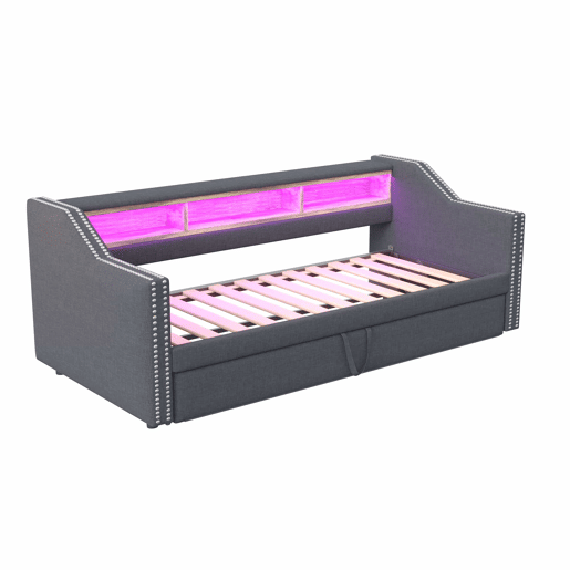 Sofá-cama extraível 90180x190cm em linho - com LED e USB - com base de ripas - Cinzento