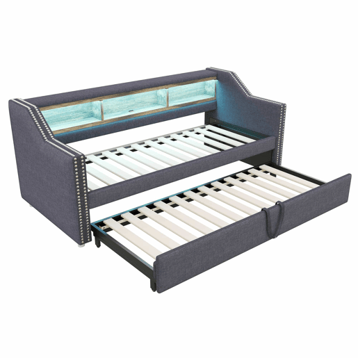 Sofá-cama extraível 90180x190cm em linho - com LED e USB - com base de ripas - Cinzento