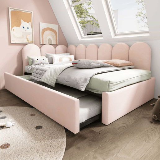 Cama divã 90x200 cm - Sofá-cama com cama extraível 90x190 cm, cama infantil com estrado, veludo, Rosa