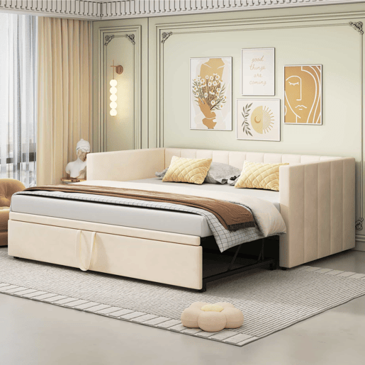 Sofá-cama 90180*200 cm - Com estrado de ripas, Cama multifuncional em veludo macio - Bege