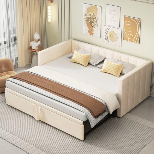 Sofá-cama 90180*200 cm - Com estrado de ripas, Cama multifuncional em veludo macio - Bege