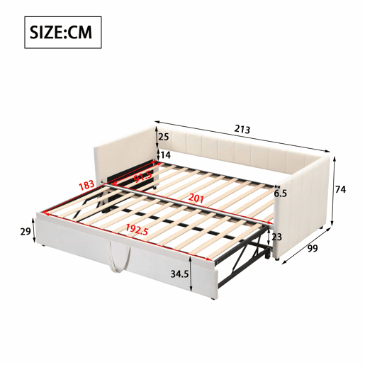Sofá-cama 90180*200 cm - Com estrado de ripas, Cama multifuncional em veludo macio - Bege