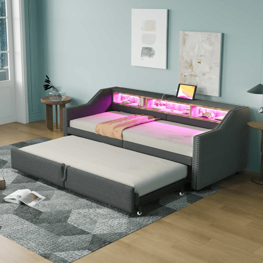 Sofá-cama extensível 90180 x 200 cm - Multifuncional, com arrumação, luz LED e porta USB - Cinza escuro