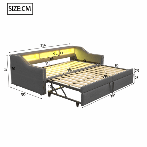 Sofá-cama extensível 90180 x 200 cm - Multifuncional, com arrumação, luz LED e porta USB - Cinza escuro