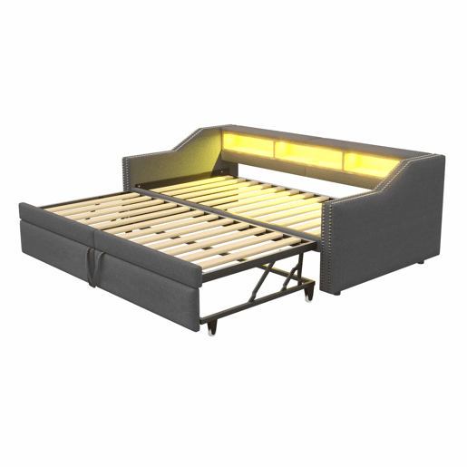 Sofá-cama extensível 90180 x 200 cm - Multifuncional, com arrumação, luz LED e porta USB - Cinza escuro