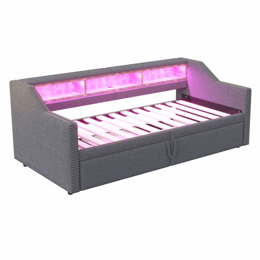 Sofá-cama extensível 90180 x 200 cm - Multifuncional, com arrumação, luz LED e porta USB - Cinza escuro