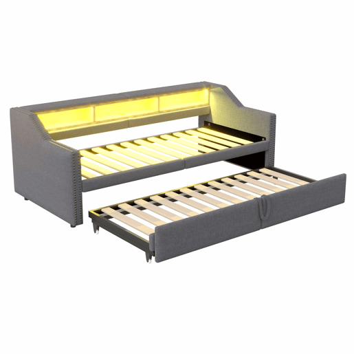 Sofá-cama extensível 90180 x 200 cm - Multifuncional, com arrumação, luz LED e porta USB - Cinza escuro