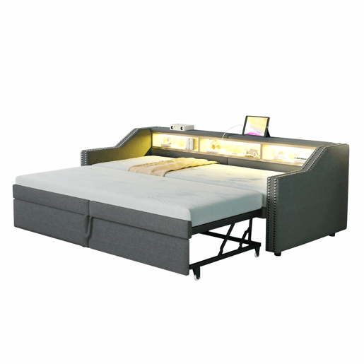 Sofá-cama extensível 90180 x 200 cm - Multifuncional, com arrumação, luz LED e porta USB - Cinza escuro
