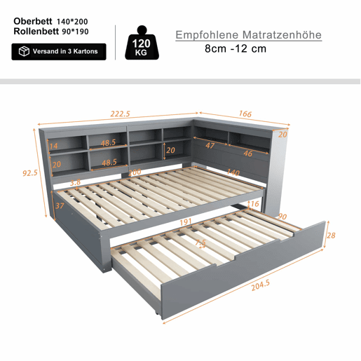 Sofá-cama 140x200 - Cama extensível 90x190 com USB e vários compartimentos - Cinza Sofá-cama 140x200 - Cama extensível 90x190 com USB e vários compartimentos - Cinza