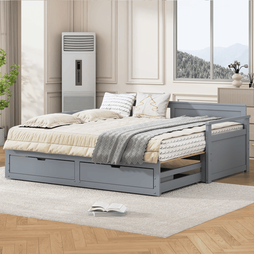 Cama com gavetão 90180x190cm madeira maciça - 2 gavetas com rodas - Cinzento