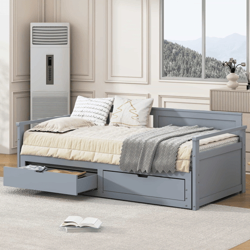 Cama com gavetão 90180x190cm madeira maciça - 2 gavetas com rodas - Cinzento