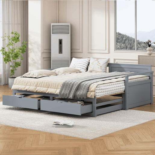 Cama com gavetão 90180x190cm madeira maciça - 2 gavetas com rodas - Cinzento