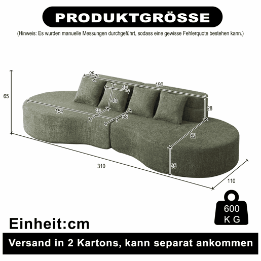 Sofá modular de 4 lugares - 2 peças combináveis, espuma viscoelástica de alta densidade - verde