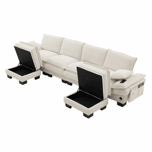 Sofá modular de 4 lugares com 2 pufes u2013 assento amplo, design ergonómico, estofamento em espuma de alta densidade, porta USB-C e bolsos laterais u2013 Bege