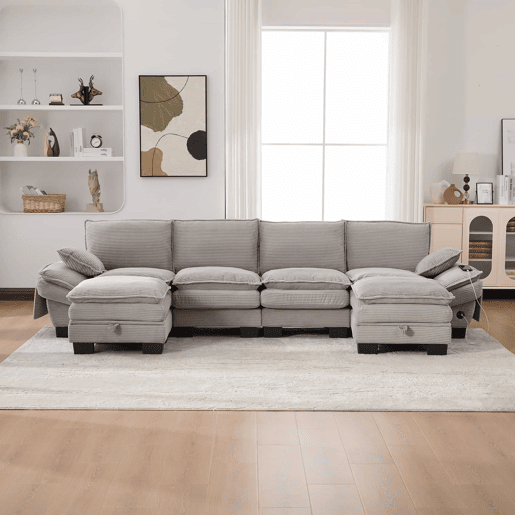 Sofá modular de 4 lugares - assento largo, design ergonómico, espuma de alta densidade, porta USB-C e bolsos laterais - cinzento claro