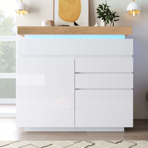 Cómoda com LED - 3 gavetas e 2 portas com prateleiras reguláveis - Branco