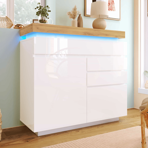 Cómoda com LED - 3 gavetas e 2 portas com prateleiras reguláveis - Branco