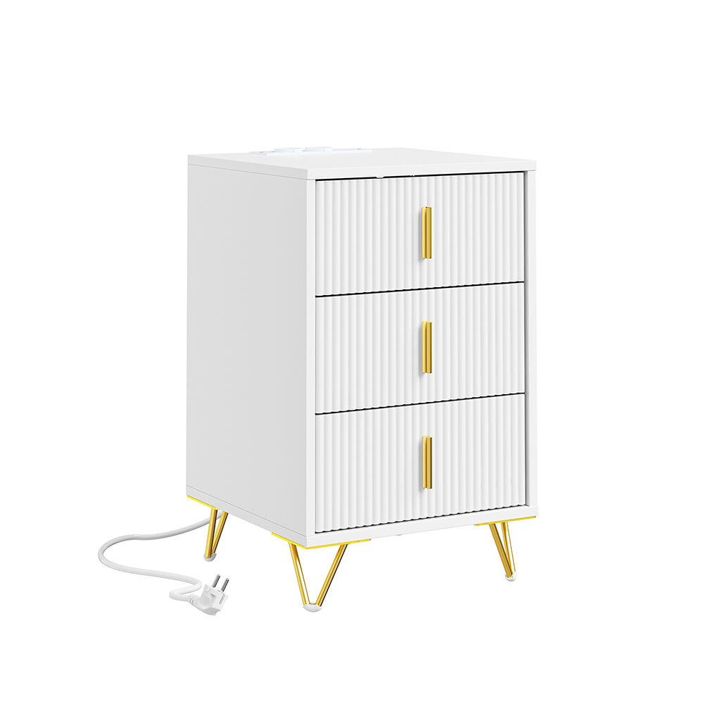 Sobuy | mesilla de noche blanca con 3 cajones | mueble auxiliar con cajones y puertos usb | taburete de almacenaje en mdf y aglomerado | 40×36×63 cm | capacidad de carga 27 kg | fbt115-l-e-w