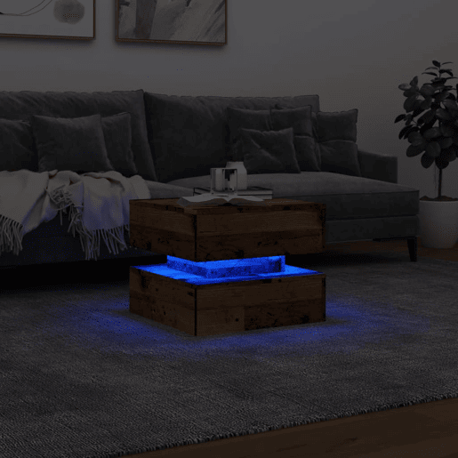 Mesa de Centro, Mesa baixa, com luzes LED 50x50x40 cm madeira velha